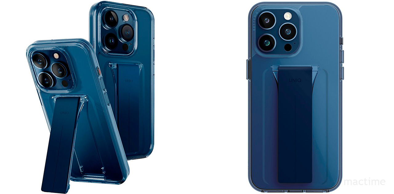 Полупрозрачный чехол Uniq Heldro Mount для iPhone 15 Pro Max синего цвета